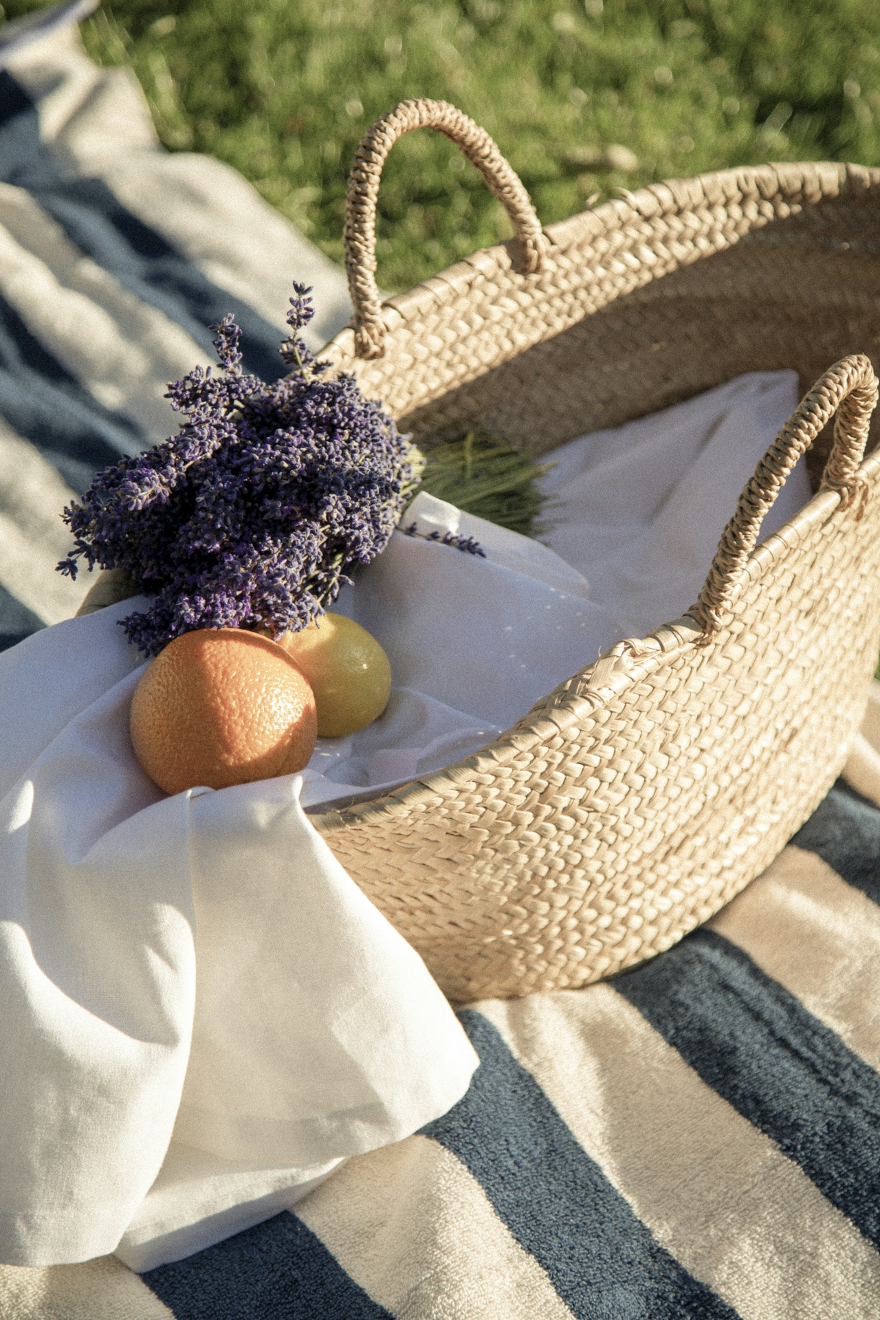 Korb mit Lavendel und Zitrusfrüchten auf einer Picknickdecke